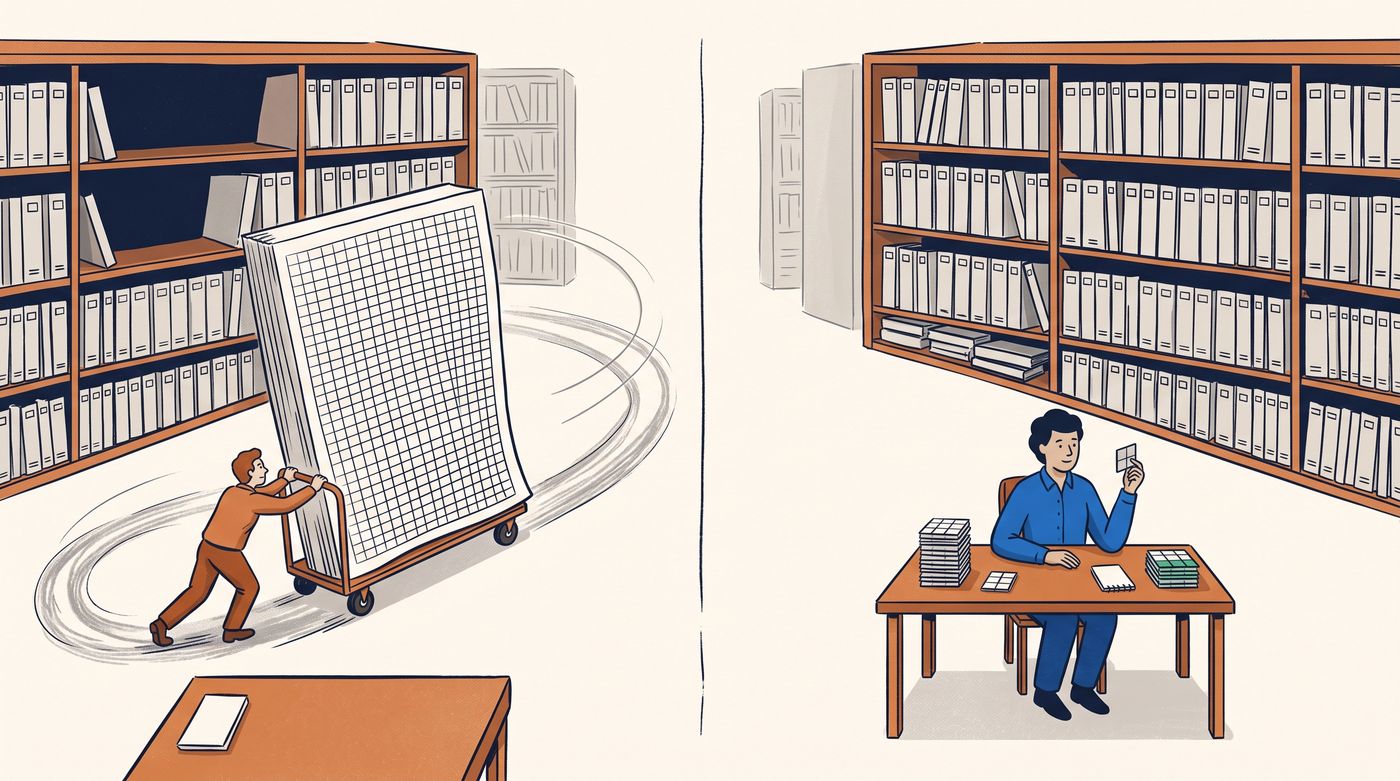 Two accountants at the same desk with the same archive shelf behind them: the left one hauls a wall-sized printed grid back and forth to the shelf on a cart, wearing a path into the floor; the right one holds a single small tile of that grid at the desk with a running tally beside them, the shelf untouched