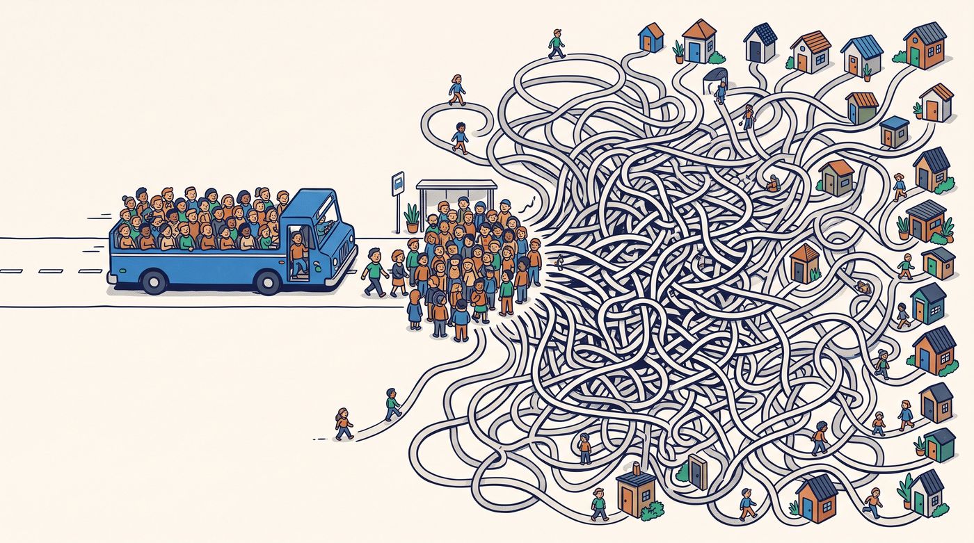 A packed bus pulls away from a crowded stop; past the stop the riders scatter along their own tangled paths to houses spread across the map