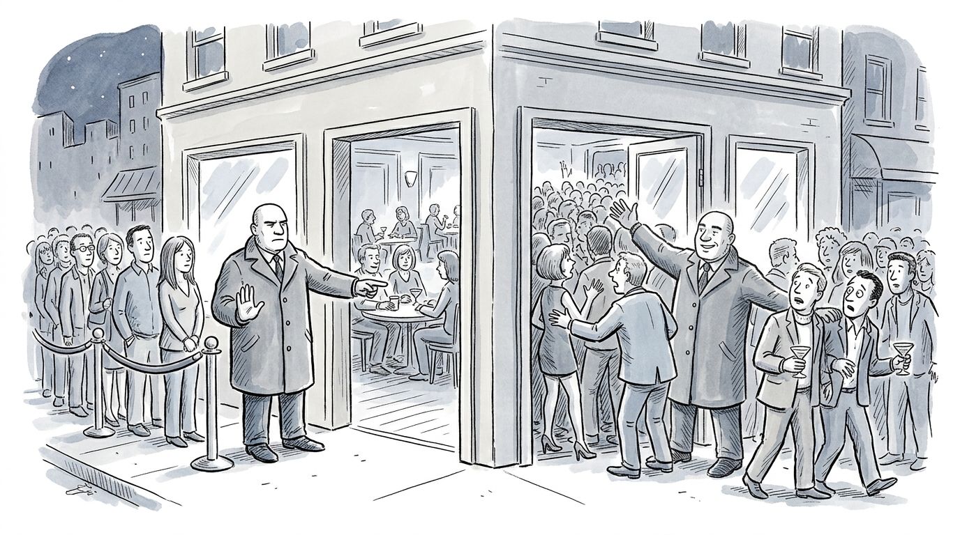 Two doormen at two clubs. On the left, a strict bouncer at a velvet rope counts the seats inside and turns people away at the door, letting a queue form outside but never touching anyone already seated. On the right, an easygoing bouncer waves the whole crowd straight in, and when the room overflows he taps a few seated guests on the shoulder and walks them back out to the end of the line, telling them they will have to start over when they get back in