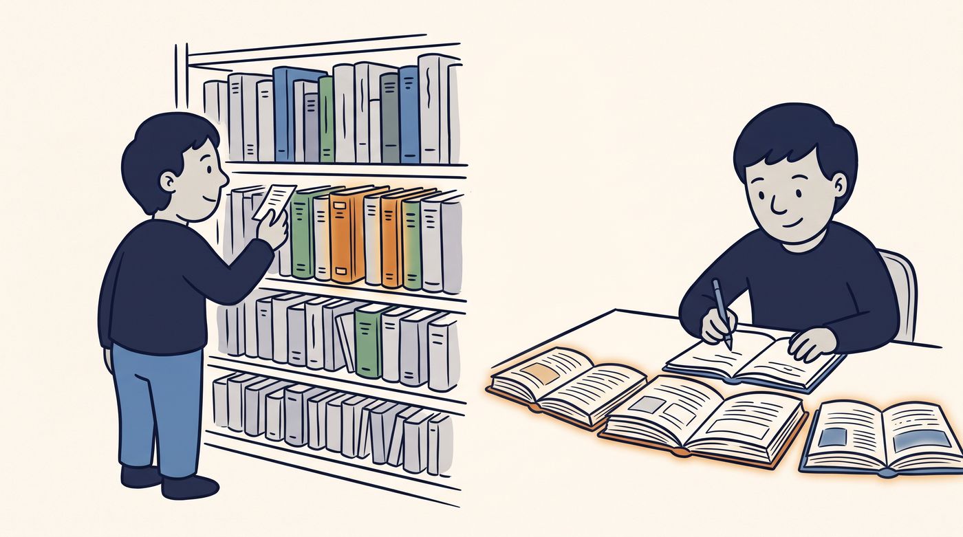 A reader stands at a library shelf holding a slip of paper (the query); they run it along the printed spine labels (the keys), two books whose spines match best glow, and the reader opens them and copies their pages (the values) into one new page