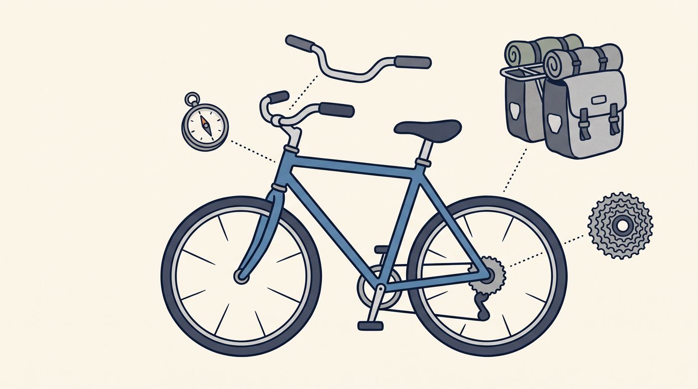 A sturdy blue bicycle frame with four parts bolted on by dotted lines: a compass, a rear rack, a pair of panniers, and a gear cluster
